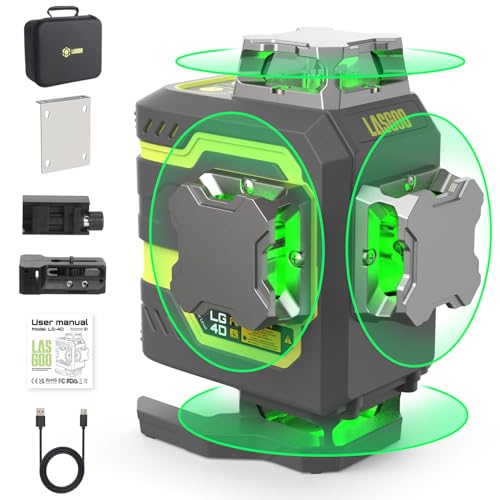 LasGoo LG-4D 16 Faisceau Vert 4x360° Niveau Laser, Auto-Nivelant avec Disposition Horizontale et Verticale, Idéal pour la Construction et la Pose de Cadres, Support Pivotant Magnétique Inclus