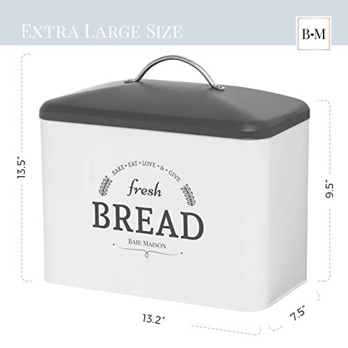 Extra Large White Farmhouse Bread Box For Kitchen Countertop - Breadbox Holder Fits 2+ Loaves - Bread Storage Container Bin - Rustic Bread Keeper Vintage Metal Kitchen Decor For Counter (White With Grey Lid) #TOP2