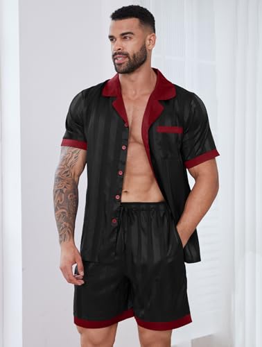 Image of DEARCASE Men's Satin Silk Pajamas Set Classic Button Down Sleepwear 2 Piece | Soft and comfortable silk fabric, lightweight, spliced color sexy lounge wear, short sleeve sleepwear shorts with Pockets