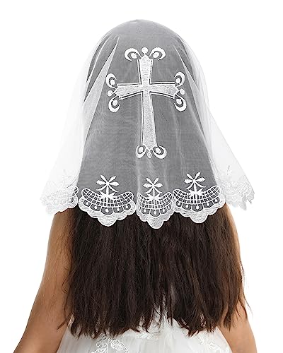Bozidol Girls First Communion Veil - Round Shape Cosmos Embroidery Church Mass Head Covering Catholic Chapel