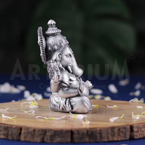 Image of Artarium Small Vighnaharta Ganesha Idol Murti, Vinayaka Sitting Statue Ganapati for Car Dashboard, Puja Ghar, House Warming, Unique Wedding & Birthday Gift, Sculpture - Silver