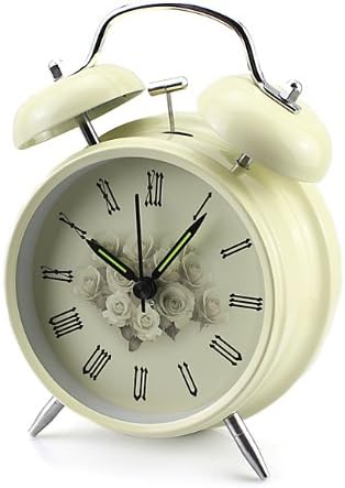 Baakyeek Vintage Double Bell 4" Large Alarm Clock, Stainless metal, Night Light Function, Rose pattern, Loud Alarm