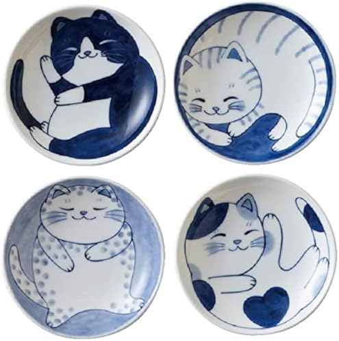 Japanese Small Plate Set Ceramic Cute Cats Design Appetizer Desse...