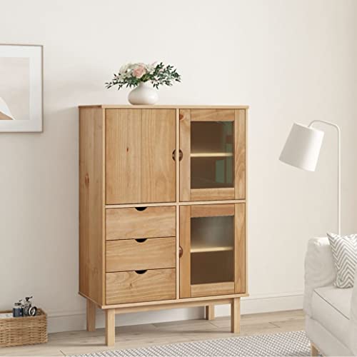 VidaXL Massivholz Küchenschrank Highboard – 90x40x190 Cm, Aus Altholz, Mit 2 Glastüren, 2 Holztüren & 2 Schubladen