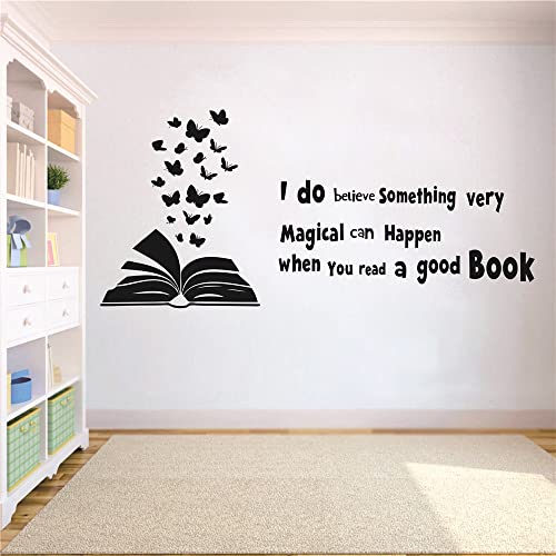 Uilmniy 60X28 Inches Reading Book Wall Decal Open Book Butterflies Reading Room Quote Wall Decoration I Do Believe Something Very Magical Can Happen When You Read A Good Book Kids Children Study Bedroom Wall Paper Poster Afn03 (Black) #TOP4