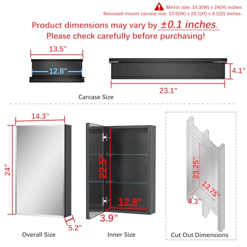 Fundin Medicine Cabinet 14 x 24 inches Mirror Size, Recessed or Surface Mount, Black Aluminum Bathroom Wall Cabinet with Mirror and Adjustable Shelves.