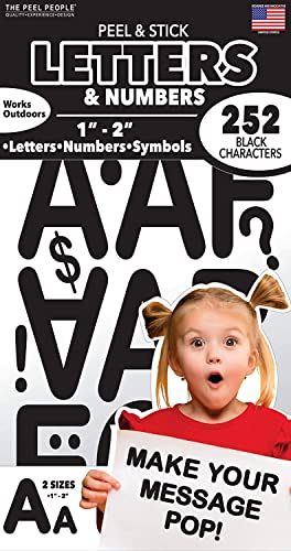 The Peel People Peel and Stick Letters and Numbers - Acid-Free, Non-Toxic, Use Indoors or Outdoors, Made in The USA, 252 Stickers Included, Solid Black