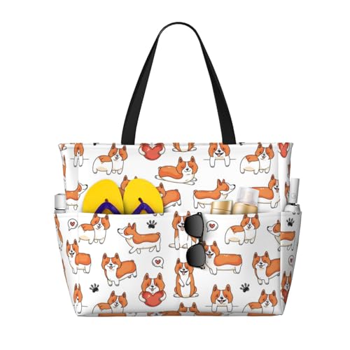 VOSERY Large Beach Bags Waterproof Sandproof - Cute Corgi Dog Puppy No.1070 Cute Beach Tote Bags for Women with Zipper