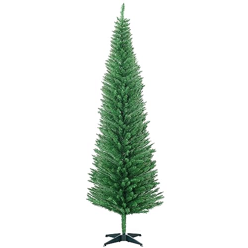 HOMCOM 7' Artificial Pencil Christmas Tree, Slim Xmas Tree with 499 Realistic Branch Tips and Plastic Stand, Light Green