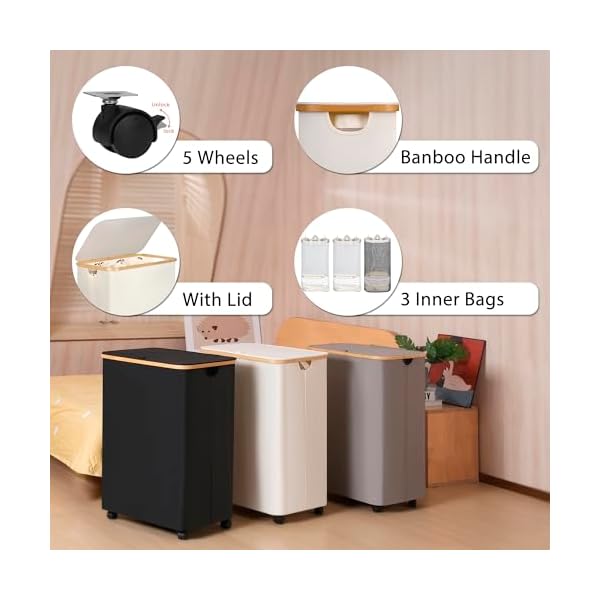 Lagre laundry hamper with wheels laundry basket with lid 160l clothes hamper for laundry with 3 liner bags for laundry room bedroom dormitory organizationbeige  urban country home decor