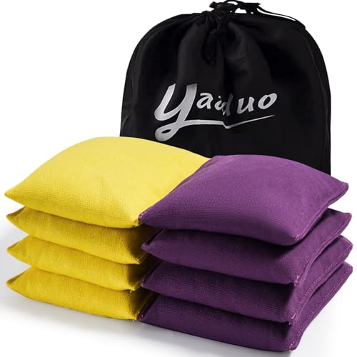 yaaduo Set of 8 Regulation Cornhole Bags Double Sided, Weather Resistant Bean Bags for Cornhole Toss Game, Corn Hole Beans Bags with Tote Bag (Yellow/Purple)