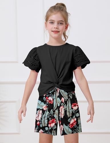 Image of mksodop Girls Clothes 2-Piece Teen Girls clothes Lace Hollow Short-Sleeved Twist T-Shirt And Floral Short Girl Summer Outfits