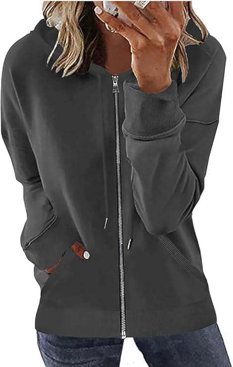 Womens Long Sleeve Open Front Zip Up Hoodies Drawstring Cardigan Hooded Sweatshirt Fashion Sweaters with Pockets