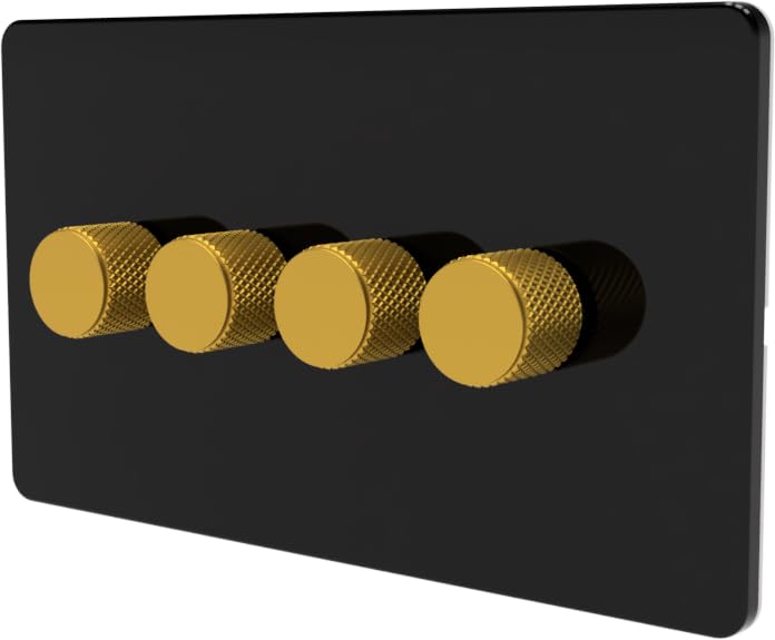 LED Dimmer Switch [Metal Knob/Plastic faceplate] 2-way Rotary Push On/Off for Dimmable LED and Halogen Lights, minimum brightness adjustable - Black/Gold 4-Gang — image 1