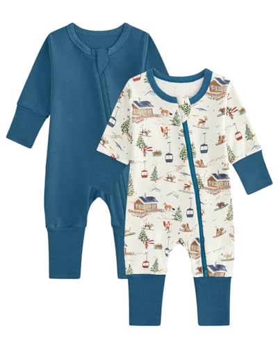 JiAmy Baby Schlafanzug 2er-Pack Neugeborene Baumwolle Langarm Zip Strampler mit Füßen Bekleidung für Baby Junge Mädchen 6-9 Monate Blau