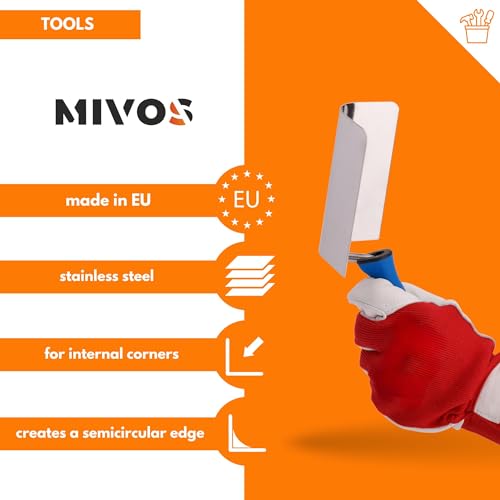 MIVOS Eckenkelle 120 x 95 mm - Rundkelle - Kantenkelle - Inneneckenkelle aus Edelstahl - Innen und Außen Eckspachtel mit Softgriff - Außeneckenkelle - Made in EU - Blau