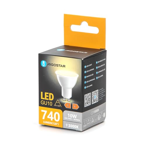 VoltShine Bombilla LED GU10 10W 3000K, luz cálida, ahorro energético, larga duración; ideal para iluminación doméstica y decorativa.