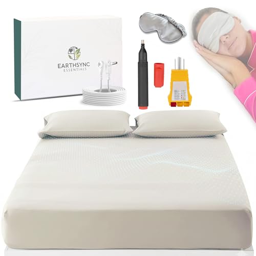 Earthsync Essentials Bare Earth Grounding Sheets King Size | Woven 10% Silver Fiber Soft 400TC Cotton Earthing Sheets | 15ft Cord Outlet Tester Conductivity Pen & Silk Eye Mask (White)