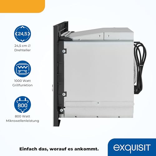 Exquisit EMW 20.1G Einbau-Mikrowelle | 20 L Garraum | 800 W | Inoxlook | 1000 W Grilleistung | 5 Leistungsstufen | Timer | Drehteller: 24,5cm Ø | 8 Autokochprogramme | Innenbeleuchtung