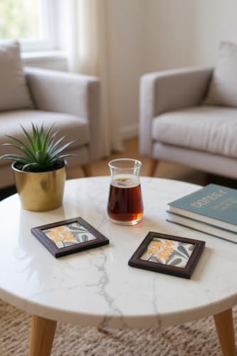Image of Coaster | Wooden Square Shaped Frame | Stylish Ethnic Tabletop Design | Ideal for Home & Office | Perfect for Tea Cups, Coffee Mugs & Glasses (Frangipani, Set of 2)