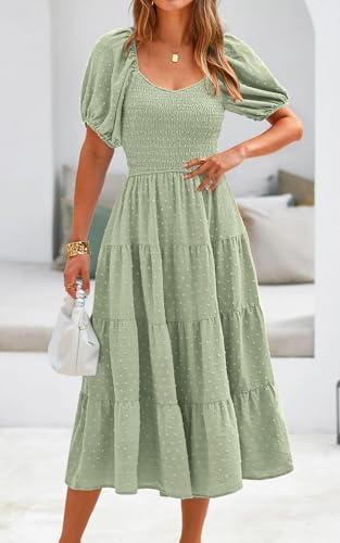 PRETTYGARDEN Women's Spring Dresses 2025 Puff Sleeve V Neck Swiss Dot High Waist Chiffon Dress Tiered Smocked Maxi Dresses2