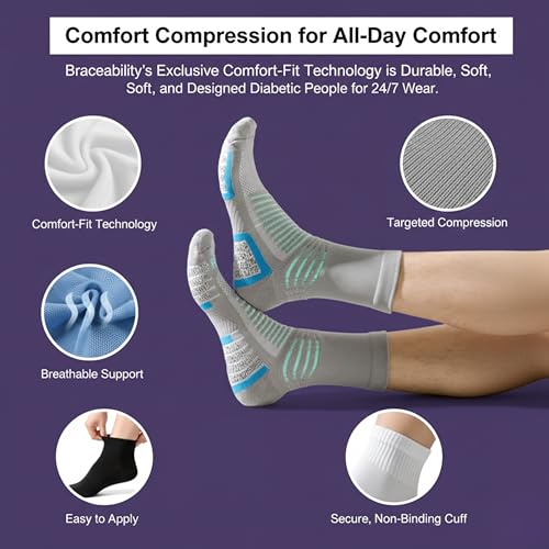 Image of Crew Socks for Women & Men Circulation, Ankle Compression for Diabetic and Neropathy Pain Relief, Swelling, Neuropathy, Runner, Nurses, Travel, Pregnancy, Flying - Grey
