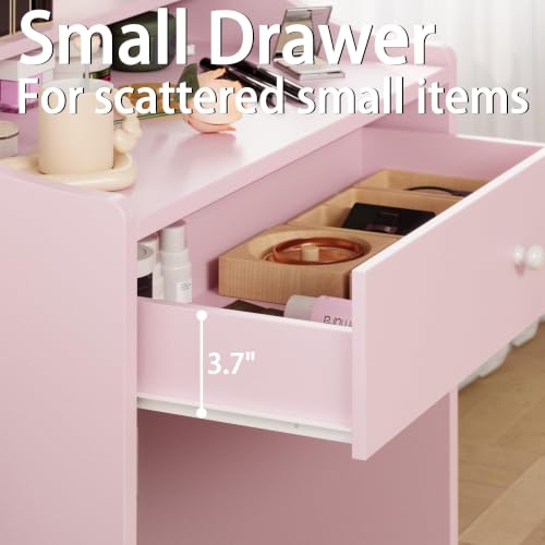 Image of LIKIMIO Small Vanity Desk with Storage Stool and Mirror Lights | Pink compact vanity featuring 3 lighting modes, acharging station, a storage drawer, 3 shelves and padded stool