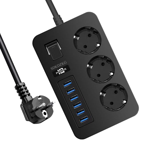 SDKDZKG - Regleta de 3 enchufes (13 A/3000 W) con Interruptor Individual, 6 Puertos de Carga USB (3,1 A/5 V, 1,8 m, Adaptador de Corriente para Cables, aplicable a oficinas y Viajes en casa (Negro)