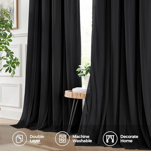 Image of 100% Blackout Curtains for Bedroom, Double Layer Black Curtains, Black Out Curtain 90 inch Long with Sheer Overlay for Living Room, Room Darkening Window Drapes with Grommet, 52 inch W x 90 inch L