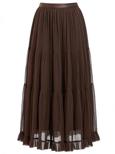 Tulle Skirts for Women with Lining Elastic High Waisted Tiered A-Line Pleated Long Maxi Skirt for Holiday (F03 Brown M)