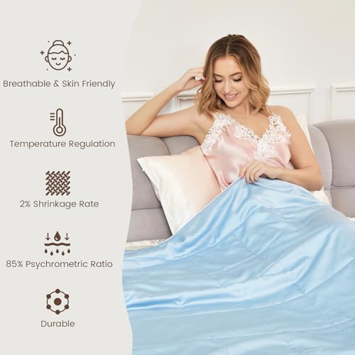 Image of THXSILK All-Season Mulberry Silk Comforter & Blanket, 100% Pure Natural Silk Filling, Lightweight Soft Bed Cover for Bedroom, Sofa, Camping, Cozy Machine Washable Luxury Bedding(King 106 inchx90 inch, Blue)