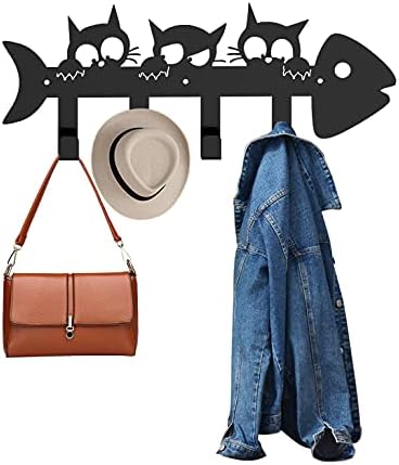 Steti Wall Mounted Cat Coat Racks, 16 Inch Modern Unique Towel Rack with 4 Durable Hooks for Bathroom Wall, Decorative Key and Dog Leash Holder, Kitchen Utensils Hangers, Matte Black