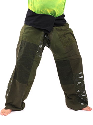 jing shop Cotton Wrap Pants – Patchwork Design, Adjustable Waist, Size L Long, Handmade in Thailand2