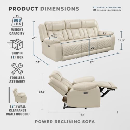Image of Lexicon Power Double Reclining Sofa, Center Drop Down Table, Beige | Faux Leather Home Theater Seating with LED Lighting /USB Charging Ports /Wireless Charger /Cup Holders, Magazine Pocket