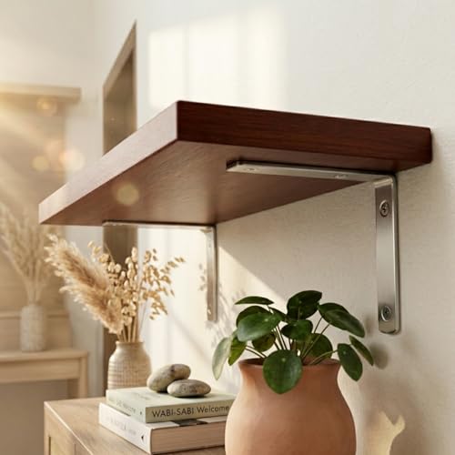 Image of Premium Wood Floating Shelves Set of 2-50cm Wall Mounted Storage Display Racks for Living Room & Bedroom, Sturdy Wood Shelves for Home Decor, Easy Install, Rich Polish Finish, Brown