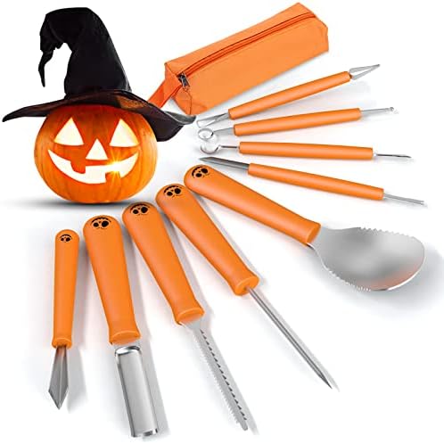 Pumpkin Carving Tools, Halloween 9 Pcs Professional Pumpkin Carving Kit Stainless Steel Pumpkin Carving Knife Cutting Supplies Lengthening and Thickening with Carrying Bag for Adults Kids
