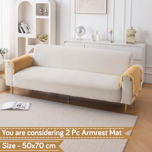Image of HOKIPO 'Serenity Tassel' Chenille Sofa Arm Cover with Tassels - 1 Pair | Sunlit Amber (IN-893-GLD*2)