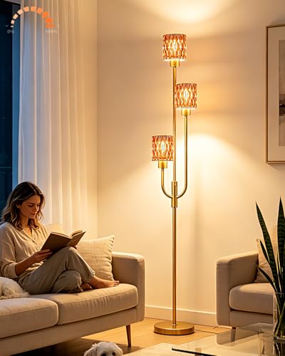 Image of 66IN Glass Floor Lamp 3-Lights Modern Gold Dimmable Floor Lamps with 3000K Warm White Bulbs for Wedding Party Standing Tall Lamp with Deep Red Glass Shade for Living Room /Bedroom /Home Decor