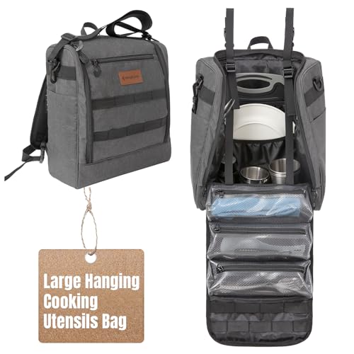 KingCamp Hanging Tactical Camping Cookware Bag with Backpack for Camping Cooking, Tactical Camping Kitchen Organizer with Paper Towel Holder & 3 Pockets for Outdoor BBQ Cooking?Bag Only