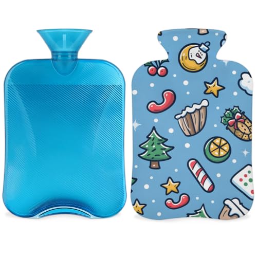Hot Water Bottle with Soft Cover,2L Cartoon Xmas Biscuit Hot Water Bag for Hot and Cold Compress, Hand Feet Warmer, Rubber Hot or Cold Water Bottle Halloween Christmas Decorations