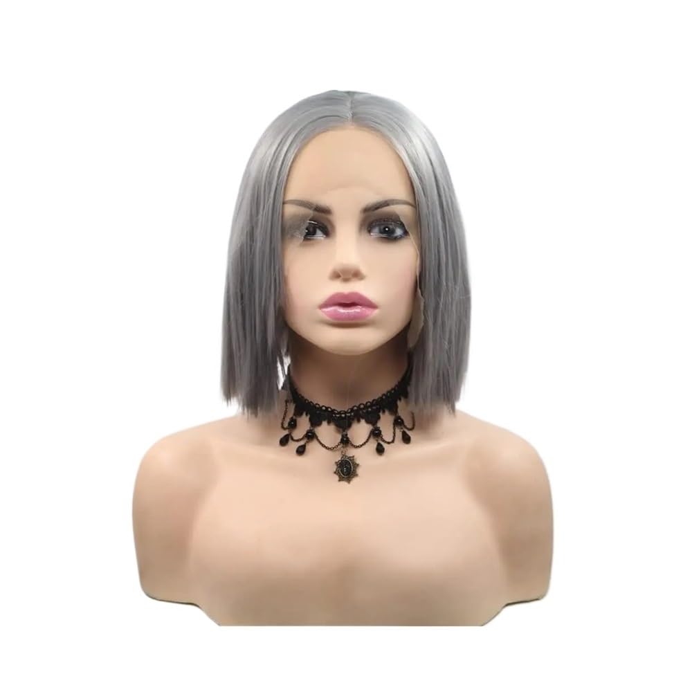 Parrucche Corte Grigie Da 12" Parrucche Sintetiche Frontali In Pizzo For Donne Parrucche Lisce In Fibra Resistente Al Calore