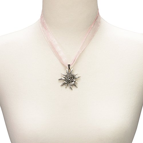 Bavarian organza necklace with rhinestone Edelweiss, Ladies costume jewelry, traditional german pendant necklace for Dirndl, Leather trouser, Oktoberfest (light pink)3