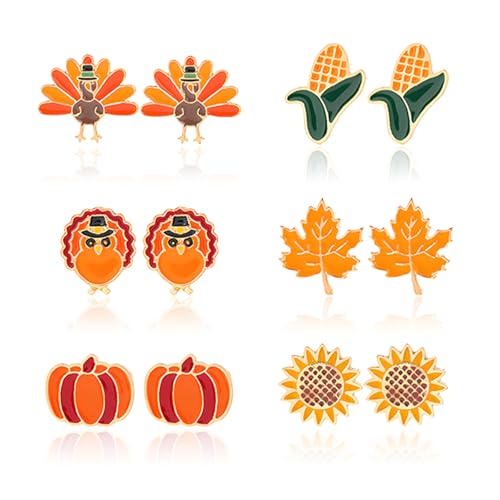 6 Pairs Thanksgiving Earrings Set for Women Autumn Turkey Corn pumpkin Sunflower Maple Leaf Stud Earrings Funny Enamel Fashion Earring Holiday Party Accessory Jewelry Gifts