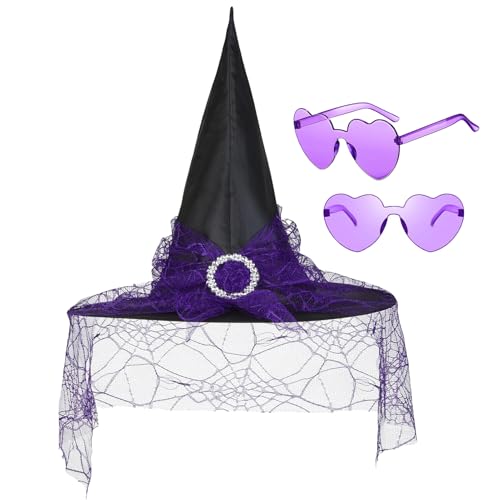 HELYKAKA Halloween Purple Witch Hats for Women Adult Steeple Lace Witches Hats Wizard Cosplay Accessories Purple Witches Hat Halloween Costume Accessory for Party(with Heart Shape Sunglasses)
