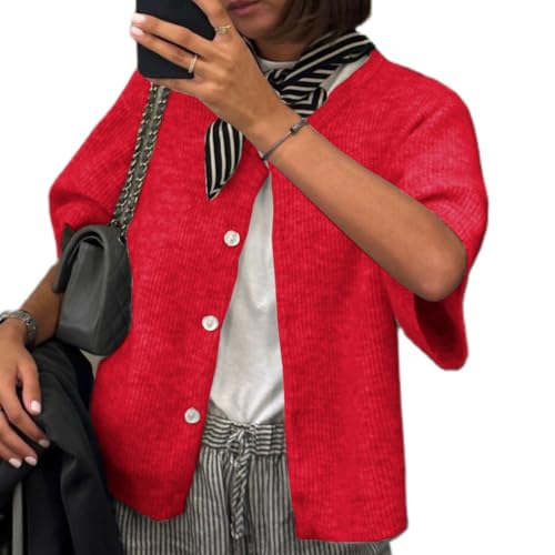 Image of Women Y2K Knit Cardigan Short Sleeve Crewneck Solid Color Button Down Tops Casual Going Out Sweater Streetwear