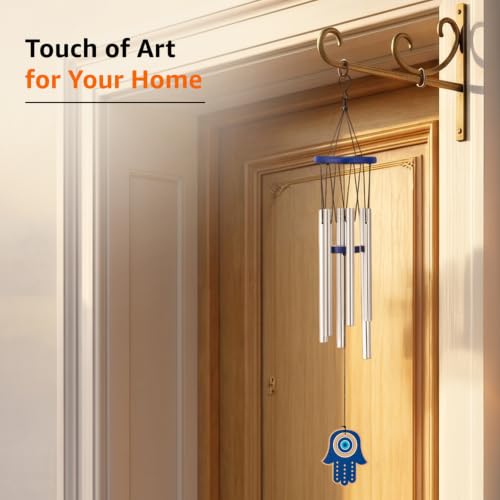 Image of Amazon Basics Premium Aluminium Evil Eye Wind Chimes for Home, Balcony & Garden |Soothing Melodic Sound | Decorative Hanging Gift | Color: Silver | Material: Aluminum | Size: 65L x 9 W x 9H cms