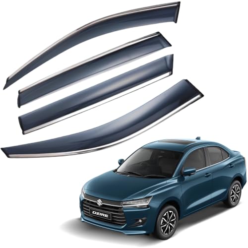 Image of CAR SAAZ Chrome Line Door Visor for Swift Dzire (2024-Present) (Set of 4Pcs) | Rain Guard | Wind Deflector
