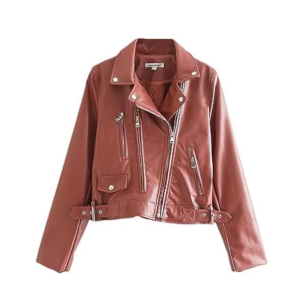 Adhdyuud Vrouwen Faux Lederen Jas Herfst Zakken Solid Riem Rits Biker Jas Casual Knop Uitloper