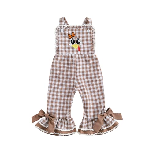 Toddler Baby Girl Thanksgiving Outfit Overalls Turkey Romper Cute Gingham Bell Bottom Suspender Jumpsuit