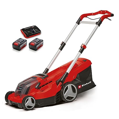 Einhell Set de cortacésped con batería GP-CM 36/450 Power X-Change (36 V, 38 cm de corte, 450 m², sin escobillas, mullido, bolsa colectora de 45 l, dos baterías de 4,0 Ah + cargador Twincharger)